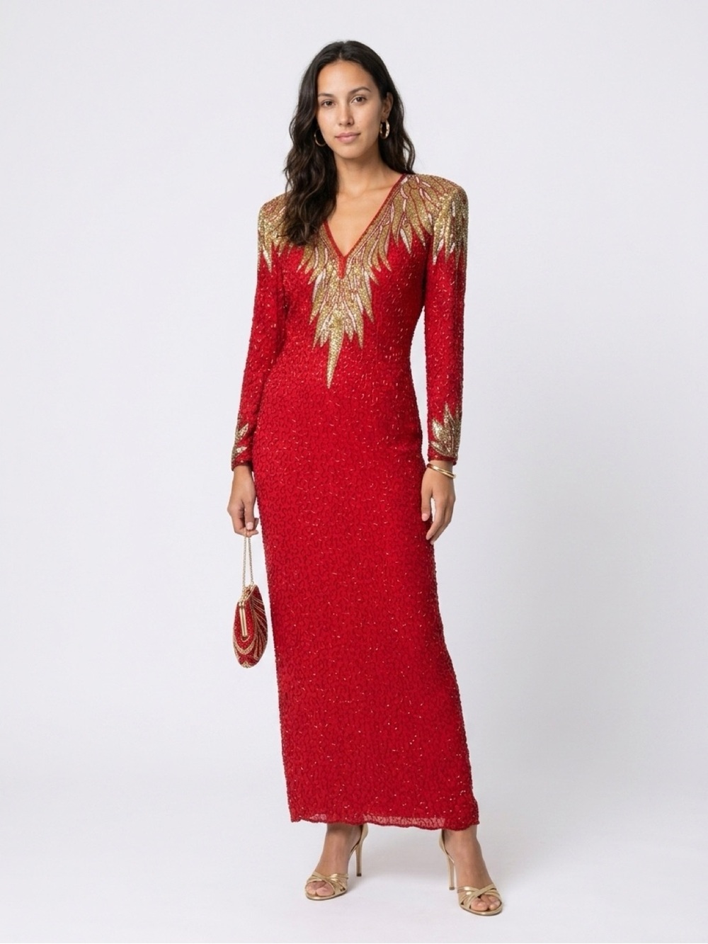 Vintage Naeem Khan Nights Red Beaded Gown Silk Lined Formal Evening Dress M